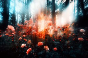 A forest filled with lots of red flowers