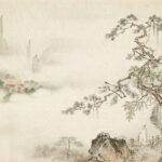 Traditional chinese ink painting of misty mountains and pine.
