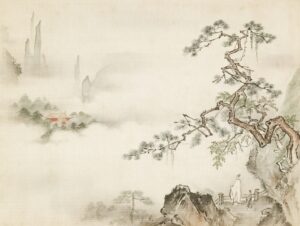 Traditional chinese ink painting of misty mountains and pine.