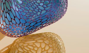 Two organic lattice structures in blue and gold against a light beige background